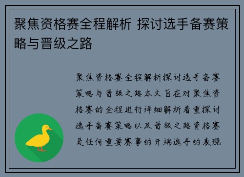 聚焦资格赛全程解析 探讨选手备赛策略与晋级之路