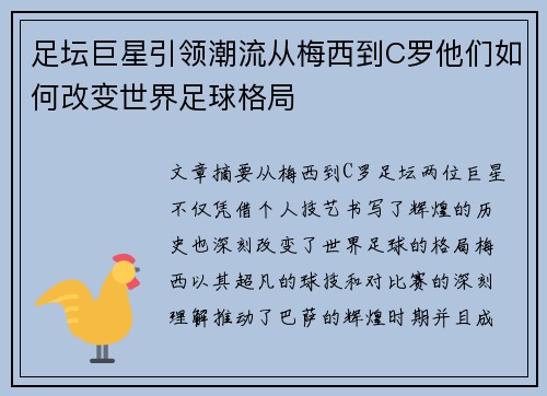 足坛巨星引领潮流从梅西到C罗他们如何改变世界足球格局