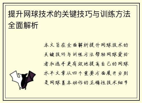 提升网球技术的关键技巧与训练方法全面解析