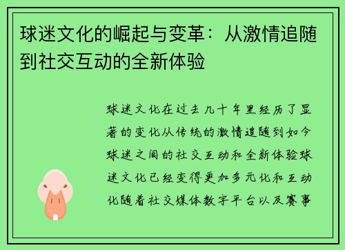 球迷文化的崛起与变革：从激情追随到社交互动的全新体验
